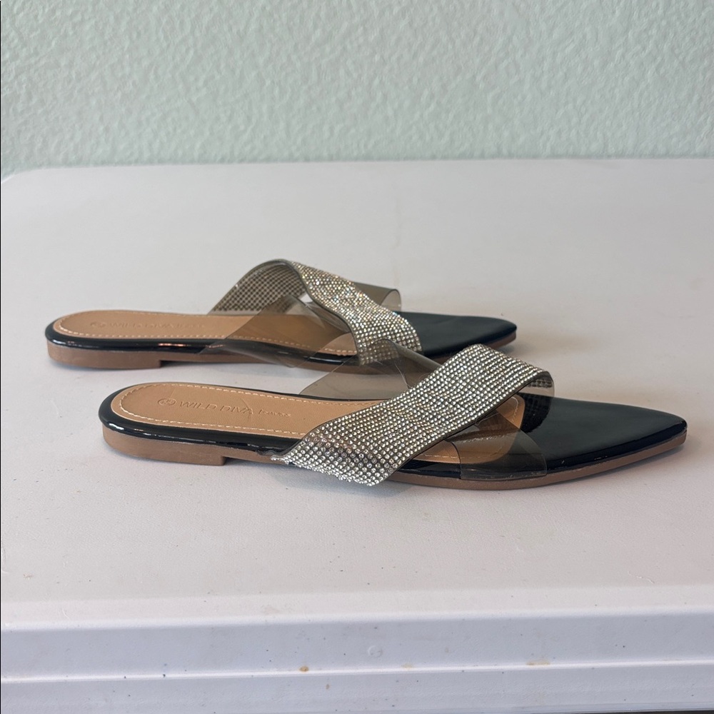 Wild Diva Black and Silver Rhinestone Slides - Picture 4 of 7
